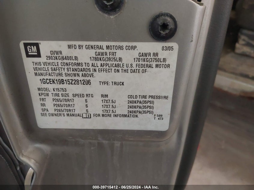 2005 Chevrolet Silverado 1500 K1500 VIN: 1GCEK19B15Z281206 Lot: 39715412