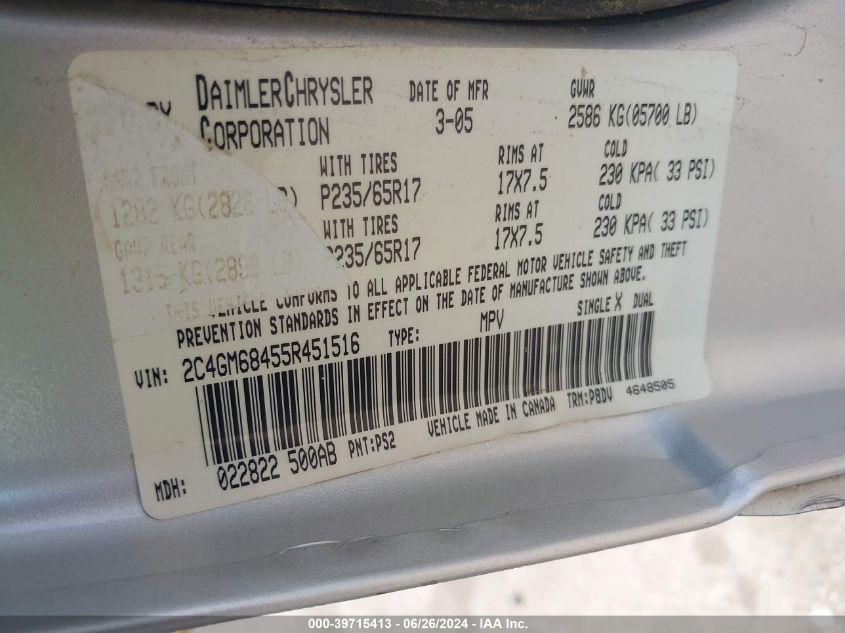 2005 Chrysler Pacifica Touring VIN: 2C4GM68455R451516 Lot: 39715413