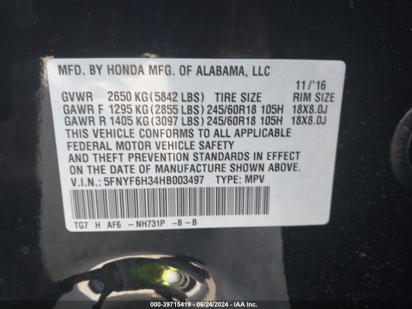 2017 Honda Pilot Ex VIN: 5FNYF6H34HB003497 Lot: 39715419