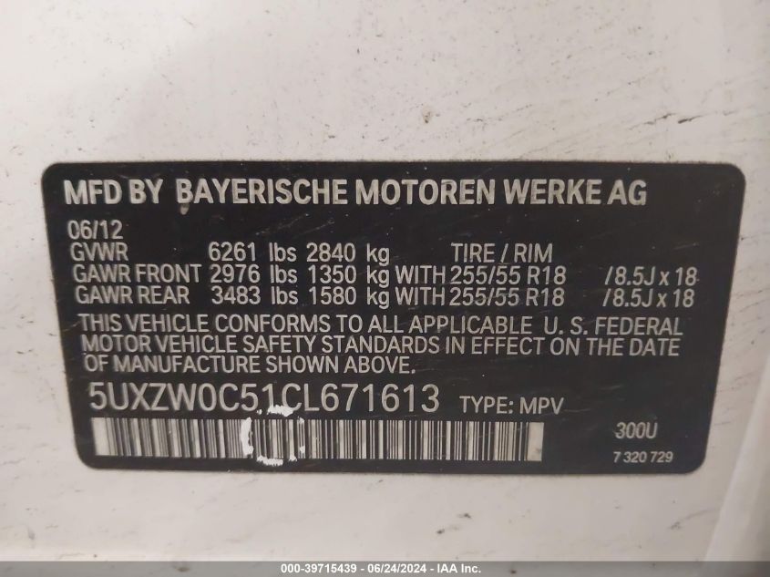 2012 BMW X5 xDrive35D VIN: 5UXZW0C51CL671613 Lot: 39715439