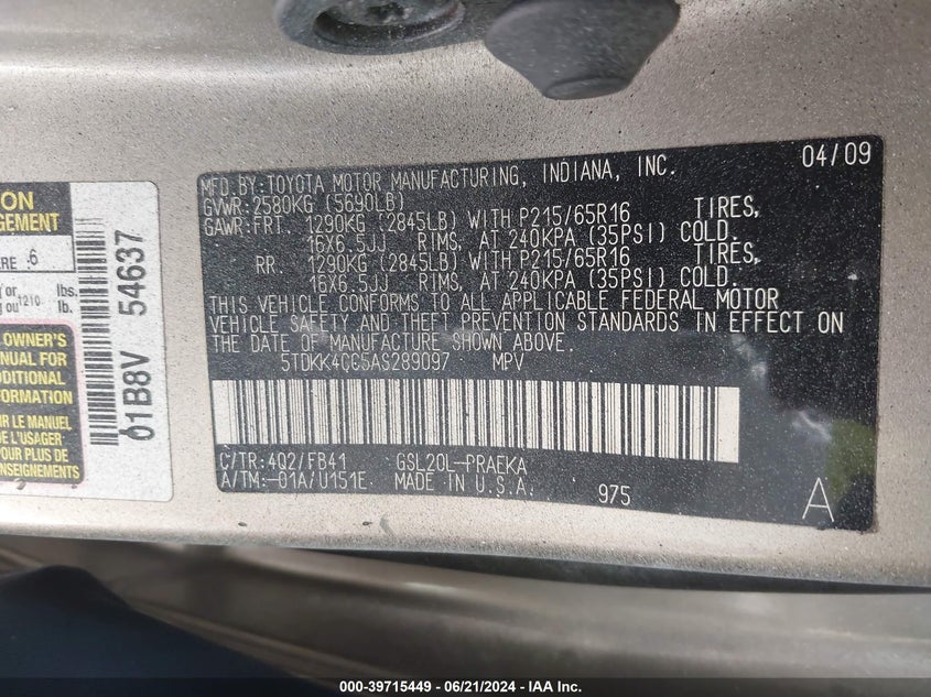 2010 Toyota Sienna Ce/Le VIN: 5TDKK4CC5AS289097 Lot: 39715449