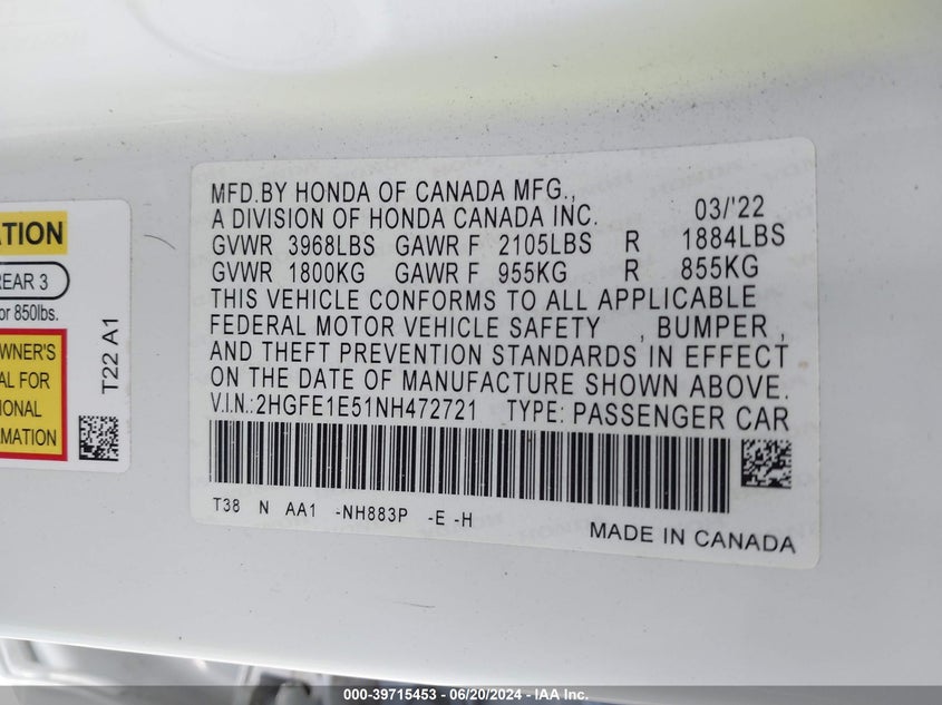 2022 HONDA CIVIC SI SEDAN - 2HGFE1E51NH472721