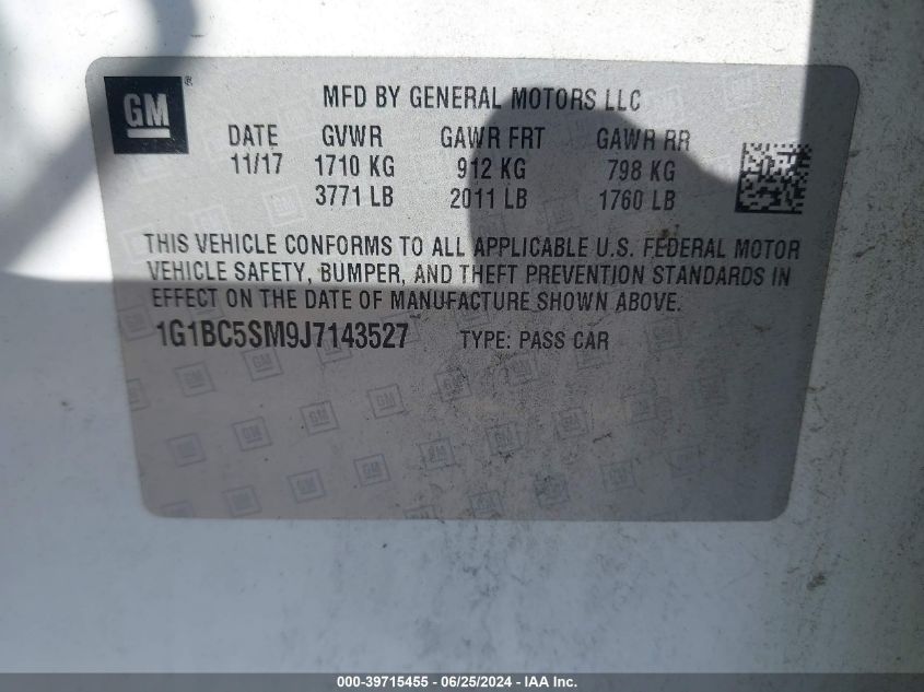 2018 Chevrolet Cruze Ls Auto VIN: 1G1BC5SM9J7143527 Lot: 39715455