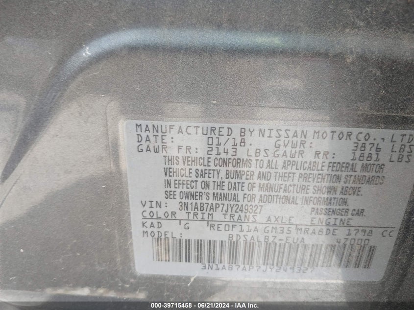 2018 Nissan Sentra S VIN: 3N1AB7AP7JY249327 Lot: 39715458