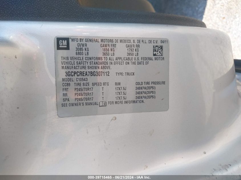 2011 Chevrolet Silverado 1500 Ls VIN: 3GCPCREA7BG307112 Lot: 39715465