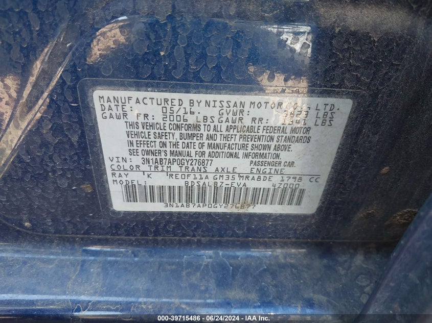 2016 Nissan Sentra S/Sv/Sr/Sl VIN: 3N1AB7AP0GY276877 Lot: 39715486