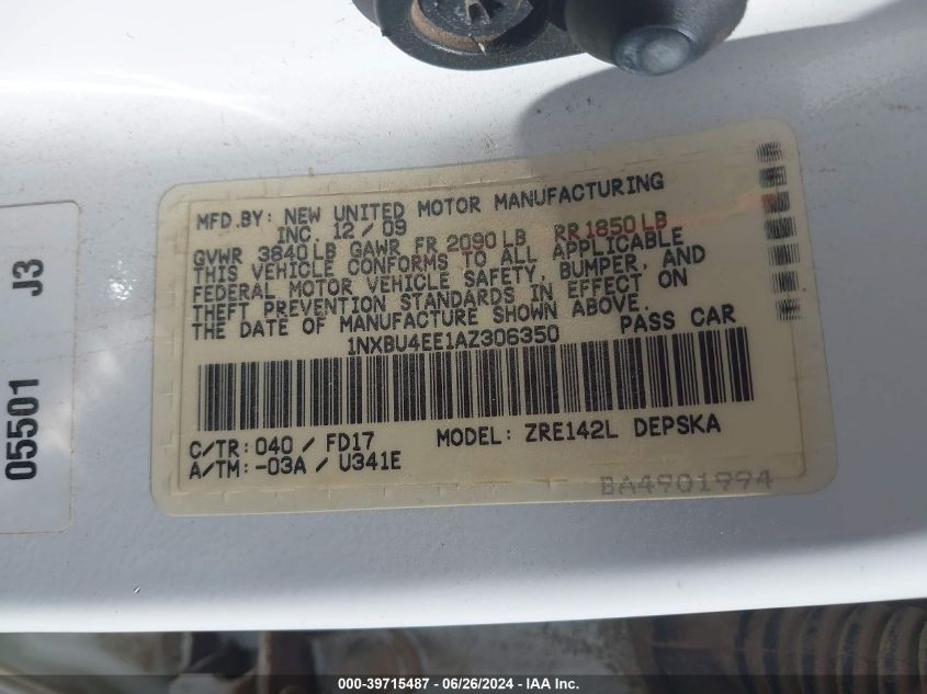 2010 Toyota Corolla S VIN: 1NXBU4EE1AZ306350 Lot: 39715487