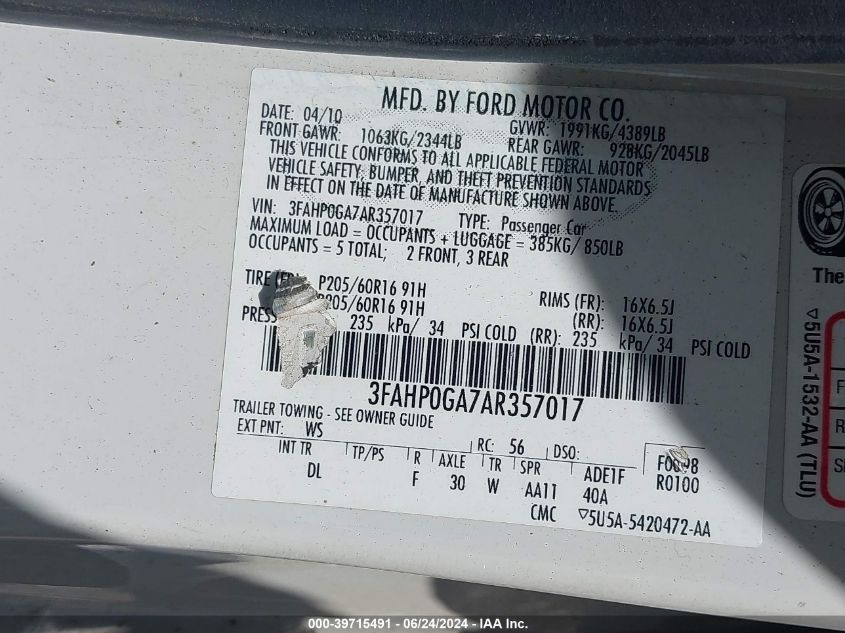 2010 Ford Fusion S VIN: 3FAHP0GA7AR357017 Lot: 39715491