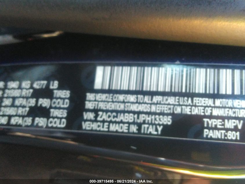 2018 Jeep Renegade Latitude Fwd VIN: ZACCJABB1JPH13385 Lot: 39715495