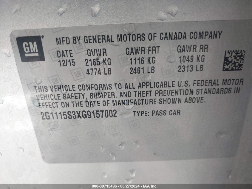 2016 Chevrolet Impala 2Lt VIN: 2G1115S3XG9157002 Lot: 39715496