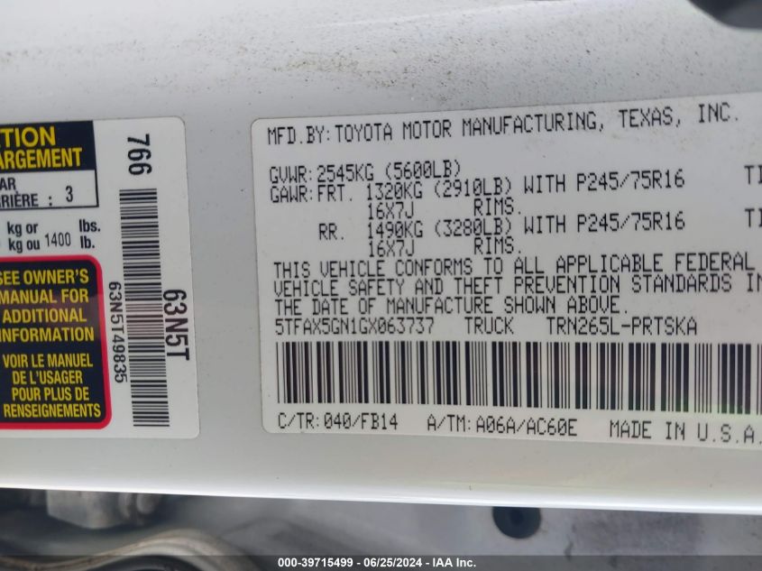 2016 Toyota Tacoma Sr VIN: 5TFAX5GN1GX063737 Lot: 39715499