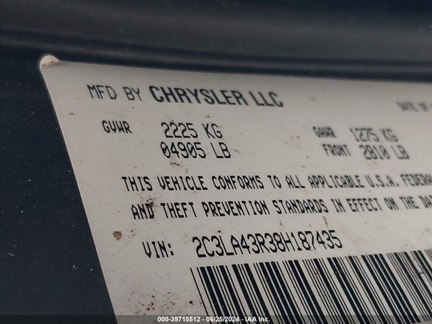 2008 Chrysler 300 Lx VIN: 2C3LA43R38H187435 Lot: 39715512