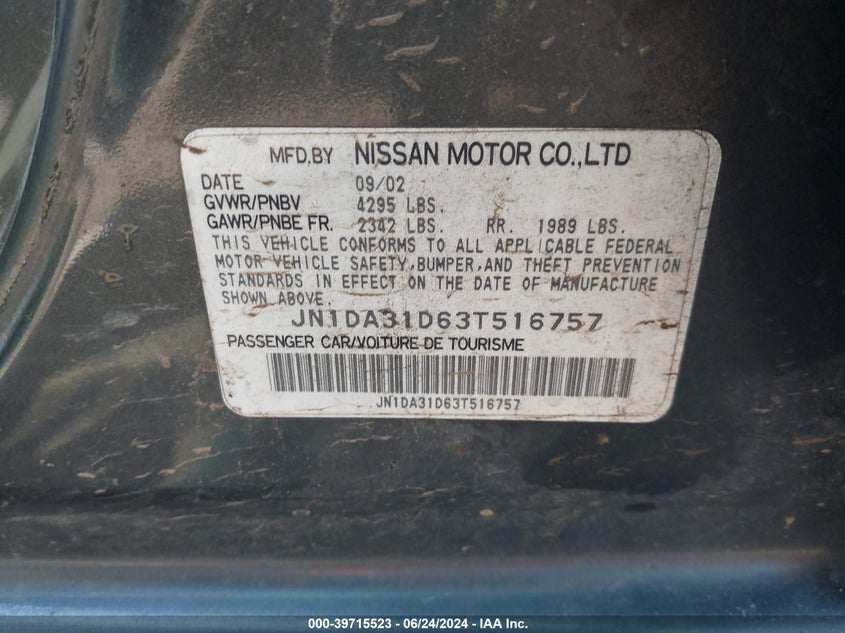 2003 Nissan Maxima Gxe VIN: JN1DA31D63T516757 Lot: 39715523