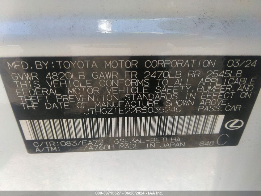 2024 Lexus Is 350 F Sport VIN: JTHGZ1E22R5035240 Lot: 39715527