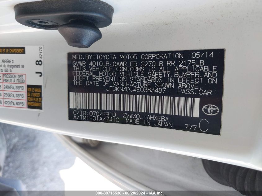 2014 Toyota Prius Two VIN: JTDKN3DU4E0383487 Lot: 39715530