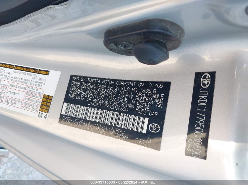 2005 Toyota Scion Tc VIN: JTKDE177950038600 Lot: 39715533