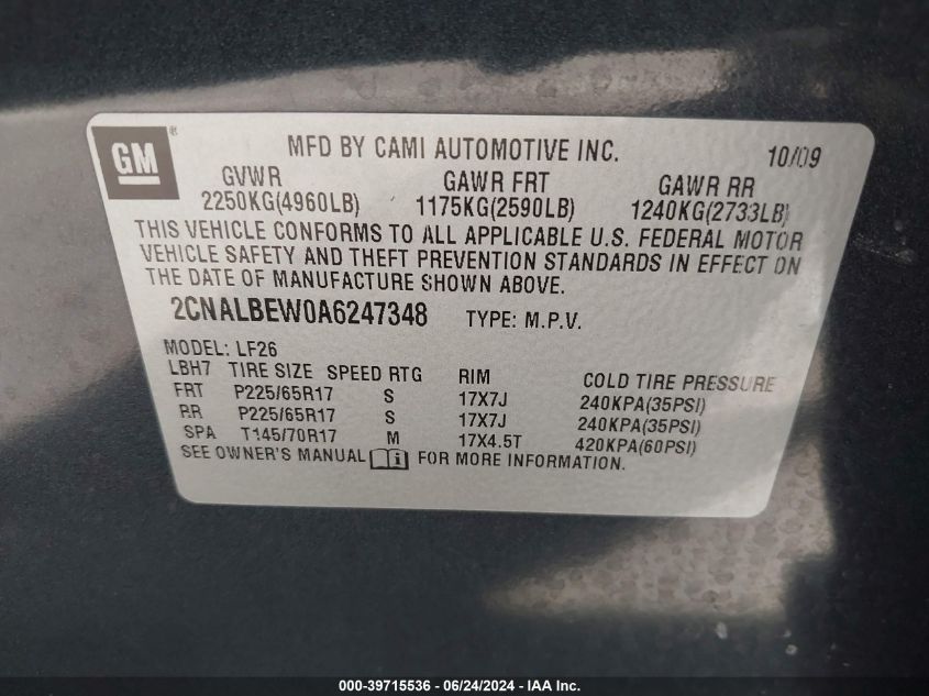 2010 Chevrolet Equinox Ls VIN: 2CNALBEW0A6247348 Lot: 39715536