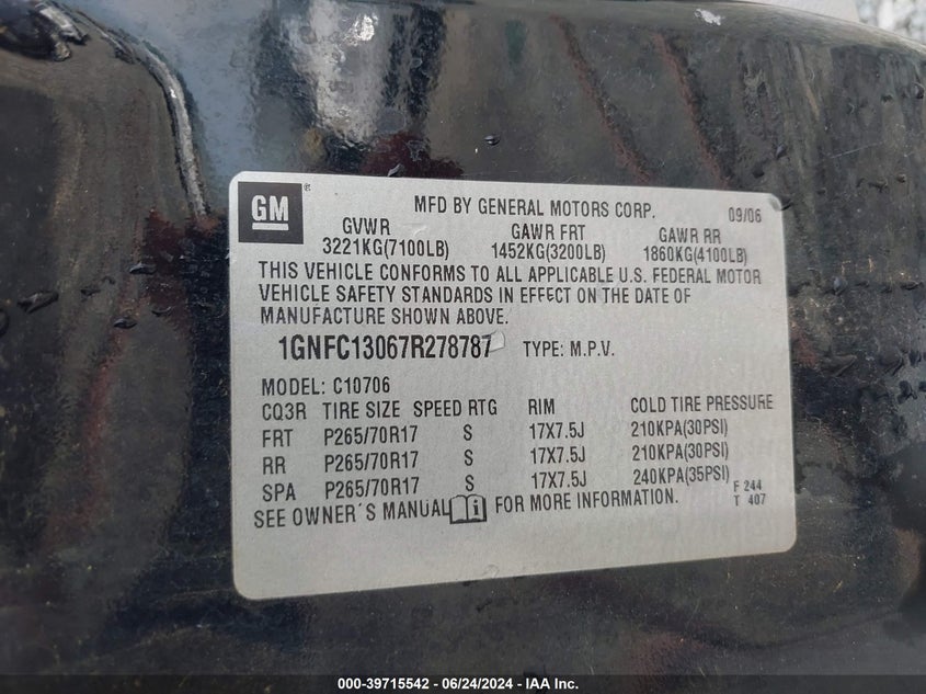 2007 Chevrolet Tahoe Lt VIN: 1GNFC13067R278787 Lot: 39715542