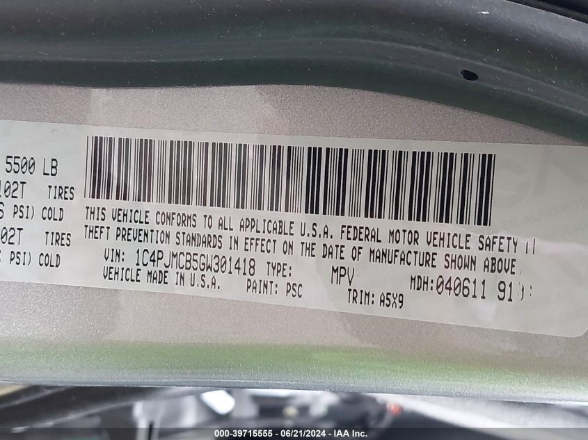 2016 Jeep Cherokee Latitude VIN: 1C4PJMCB5GW301418 Lot: 39715555