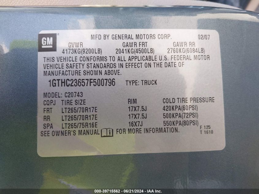 2007 GMC Sierra 2500Hd Sle1 VIN: 1GTHC23657F500796 Lot: 39715562