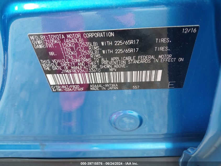 2017 Toyota Rav4 Le VIN: JTMBFREV2HJ133610 Lot: 39715576