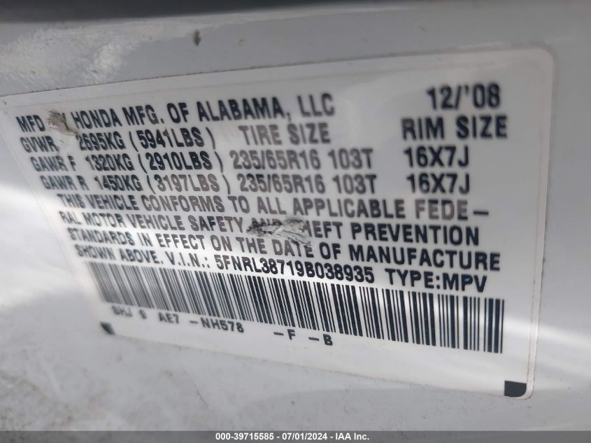 2009 Honda Odyssey Ex-L VIN: 5FNRL38719B038935 Lot: 39715585