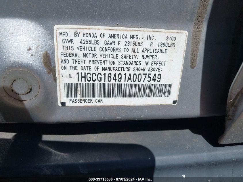 2001 Honda Accord 3.0 Lx VIN: 1HGCG16491A007549 Lot: 39715586