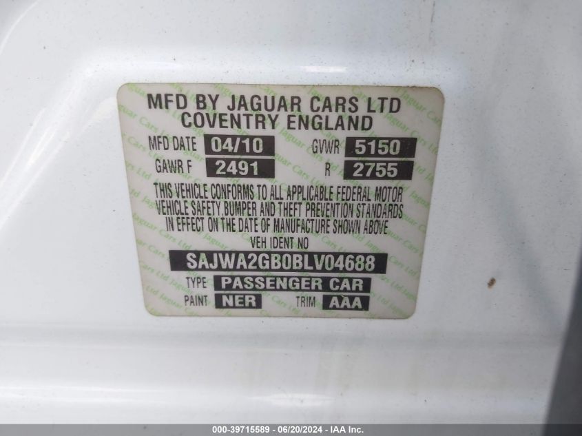 2011 Jaguar Xj Xjl VIN: SAJWA2GB0BLV04688 Lot: 39715589