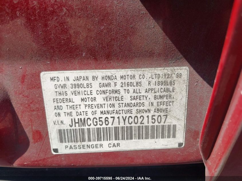 2000 Honda Accord Se VIN: JHMCG5671YC021507 Lot: 39715595