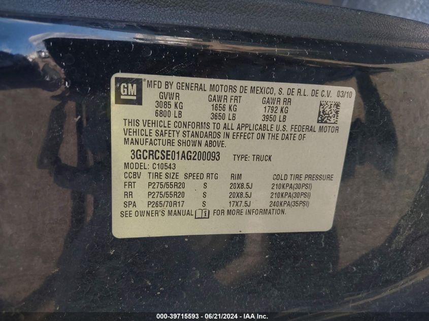2010 Chevrolet Silverado C1500 Lt VIN: 3GCRCSE01AG200093 Lot: 39715593