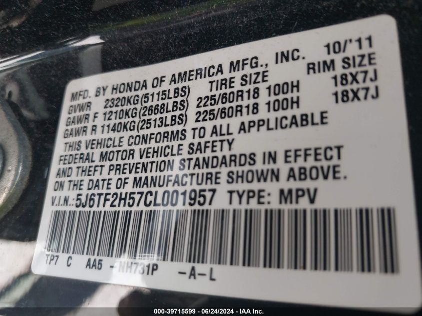 2012 Honda Crosstour Ex-L VIN: 5J6TF2H57CL001957 Lot: 39715599