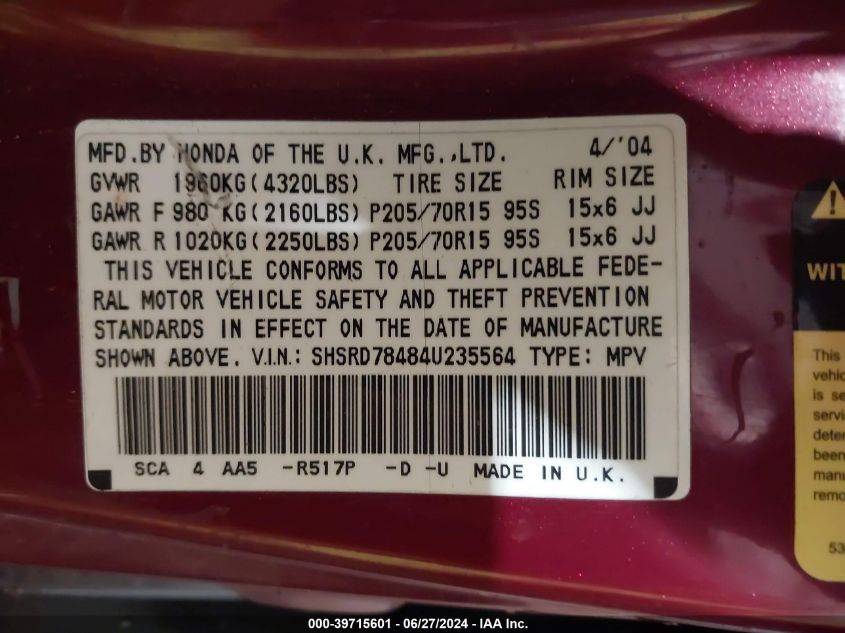 2004 Honda Cr-V Lx VIN: SHSRD78484U235564 Lot: 39715601