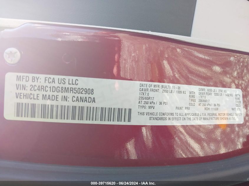 2021 Chrysler Voyager Lxi VIN: 2C4RC1DG8MR502908 Lot: 39715620