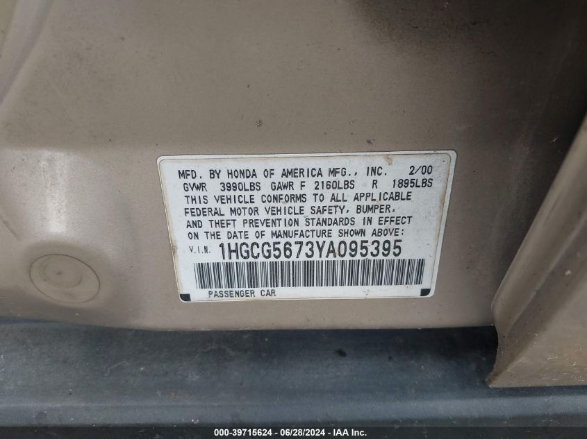 2000 Honda Accord 2.3 Se VIN: 1HGCG5673YA095395 Lot: 39715624