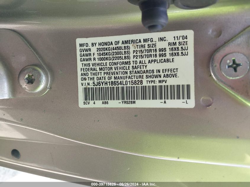 2004 Honda Element Ex VIN: 5J6YH18654L015828 Lot: 39715625