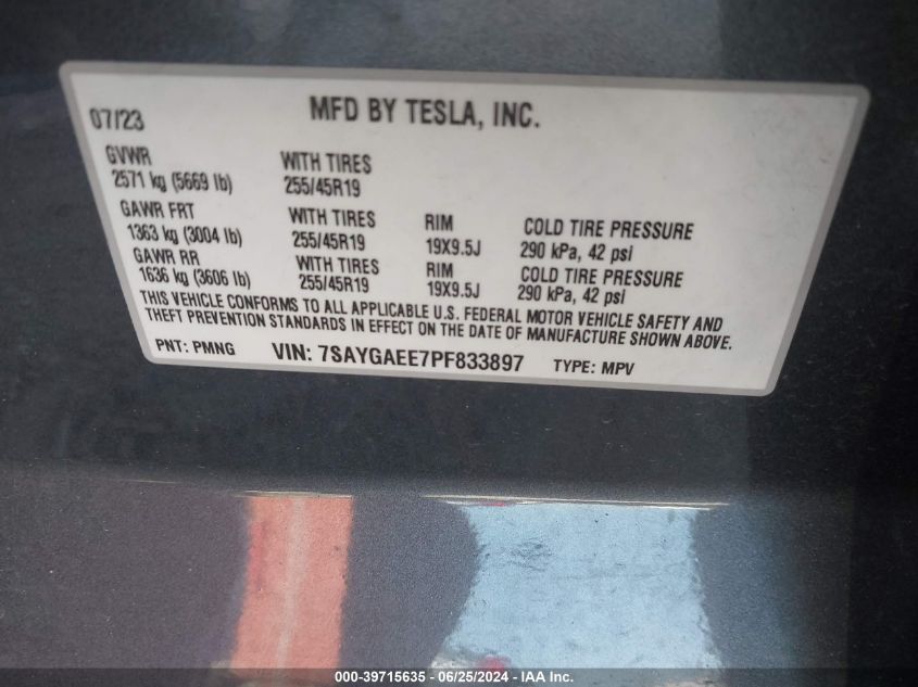 2023 Tesla Model Y VIN: 7SAYGAEE7PF833897 Lot: 39715635