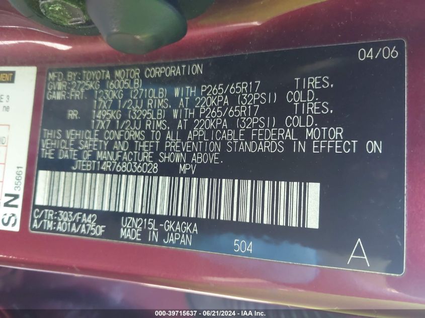 2006 Toyota 4Runner Sr5 V8 VIN: JTEBT14R768036028 Lot: 39715637