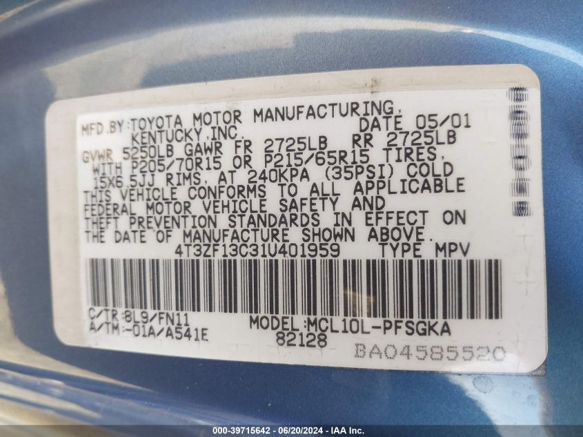 2001 Toyota Sienna Le VIN: 4T3ZF13C31U401959 Lot: 39715642