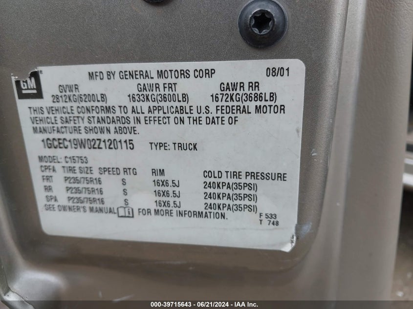 2002 Chevrolet Silverado C1500 VIN: 1GCEC19W02Z120115 Lot: 39715643