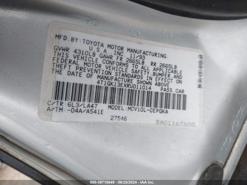 1994 Toyota Camry Xle VIN: 4T1GK13EXRU011014 Lot: 39715649