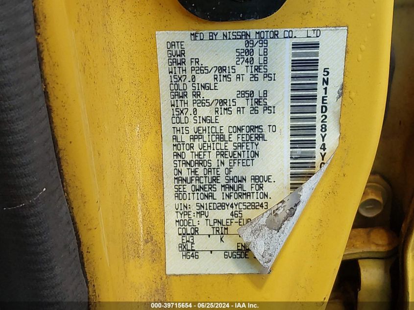 2000 Nissan Xterra Se/Xe VIN: 5N1ED28Y4YC528243 Lot: 39715654