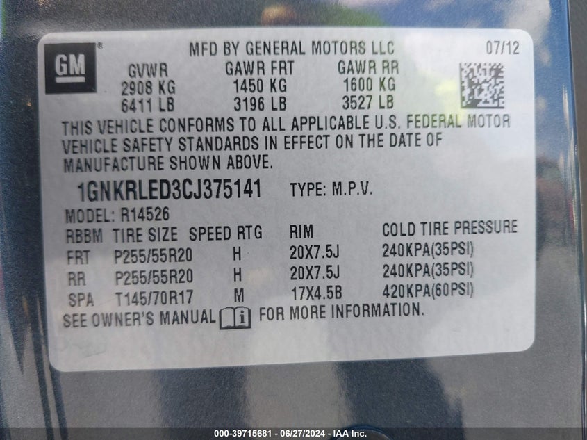 2012 Chevrolet Traverse Ltz VIN: 1GNKRLED3CJ375141 Lot: 39715681