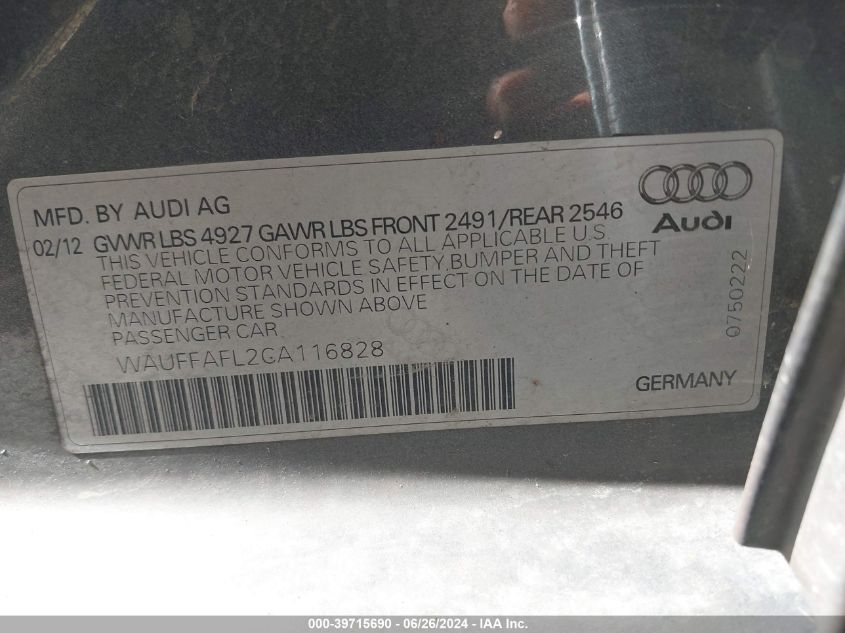 2012 Audi A4 Premium Plus VIN: WAUFFAFL2CA116828 Lot: 39715690