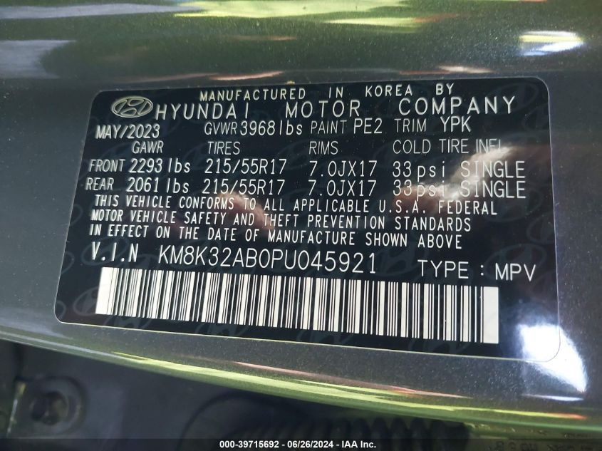 2023 Hyundai Kona Sel VIN: KM8K32AB0PU045921 Lot: 39715692