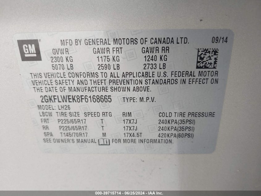 2015 GMC Terrain Sle VIN: 2GKFLWEK8F6168665 Lot: 39715714