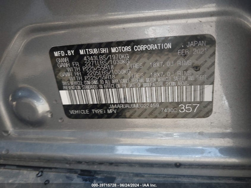 2021 MITSUBISHI OUTLANDER SPORT 2.0 BE AWC/2.0 ES AWC/2.0 LE AWC/2.0 SE AWC - JA4ARUAU9MU022459