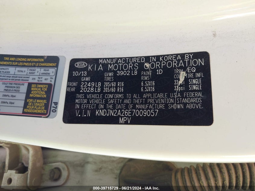 2014 Kia Soul VIN: KNDJN2A26E7009057 Lot: 39715729