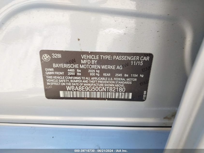 2016 BMW 328 I Sulev VIN: WBA8E9G50GNT82180 Lot: 39715730