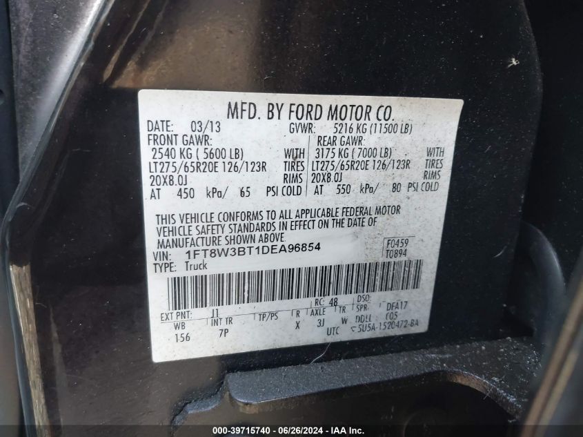 2013 Ford F350 Super Duty VIN: 1FT8W3BT1DEA96854 Lot: 39715740