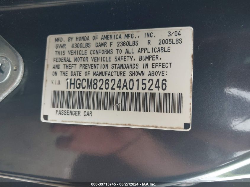 2004 Honda Accord 3.0 Ex VIN: 1HGCM82624A015246 Lot: 39715745